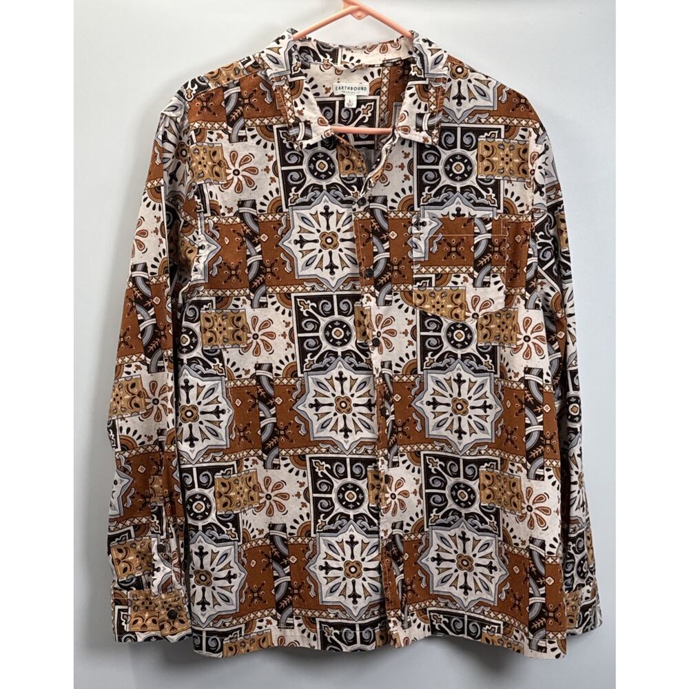 Earthbound Trading Co. Men's Sz Large Brown Geometric Long Sleeve Button-Up